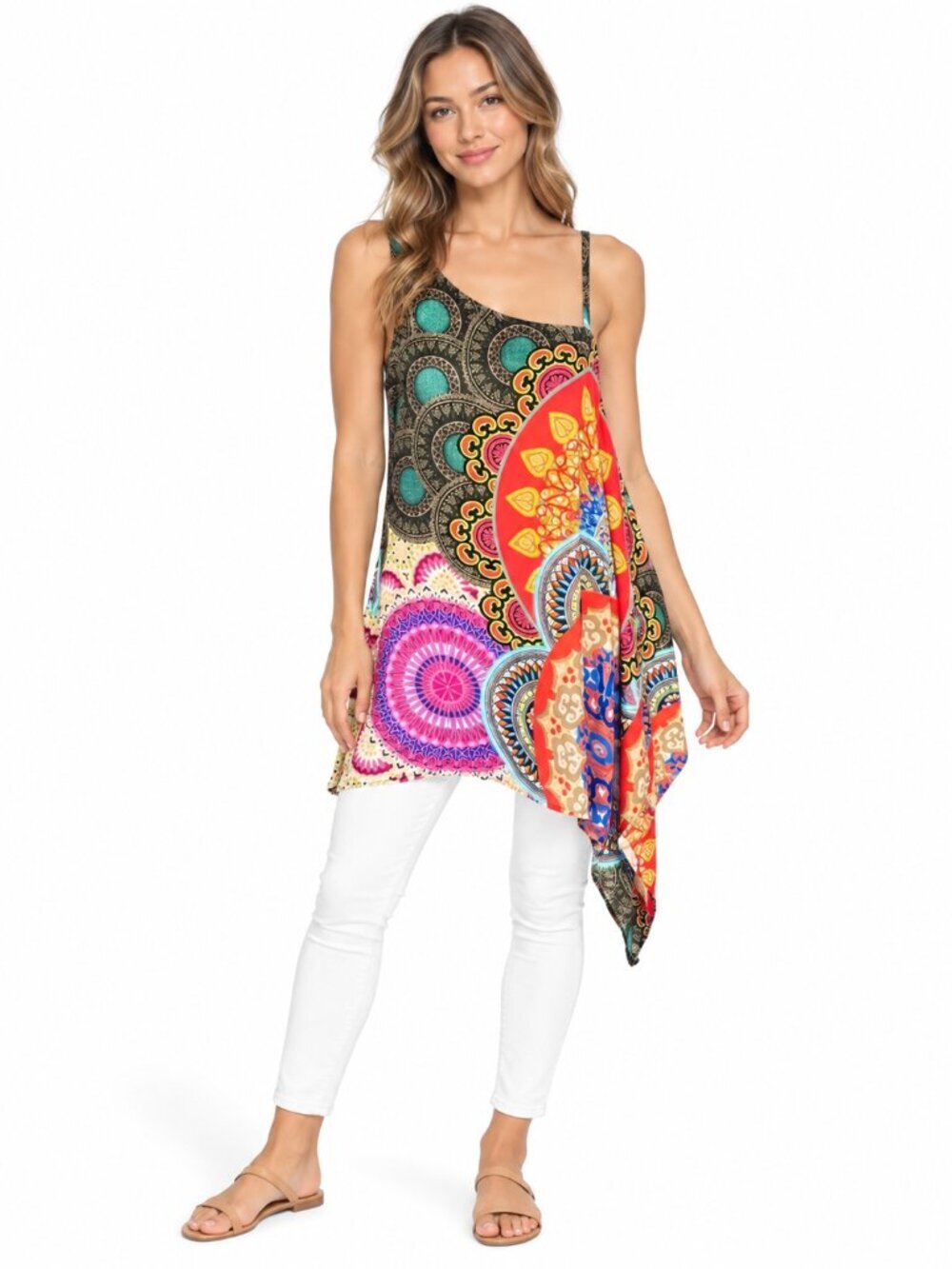 RANEE'S Silk Scarf Tunic Blouse Colorful Mandala Print Size Small